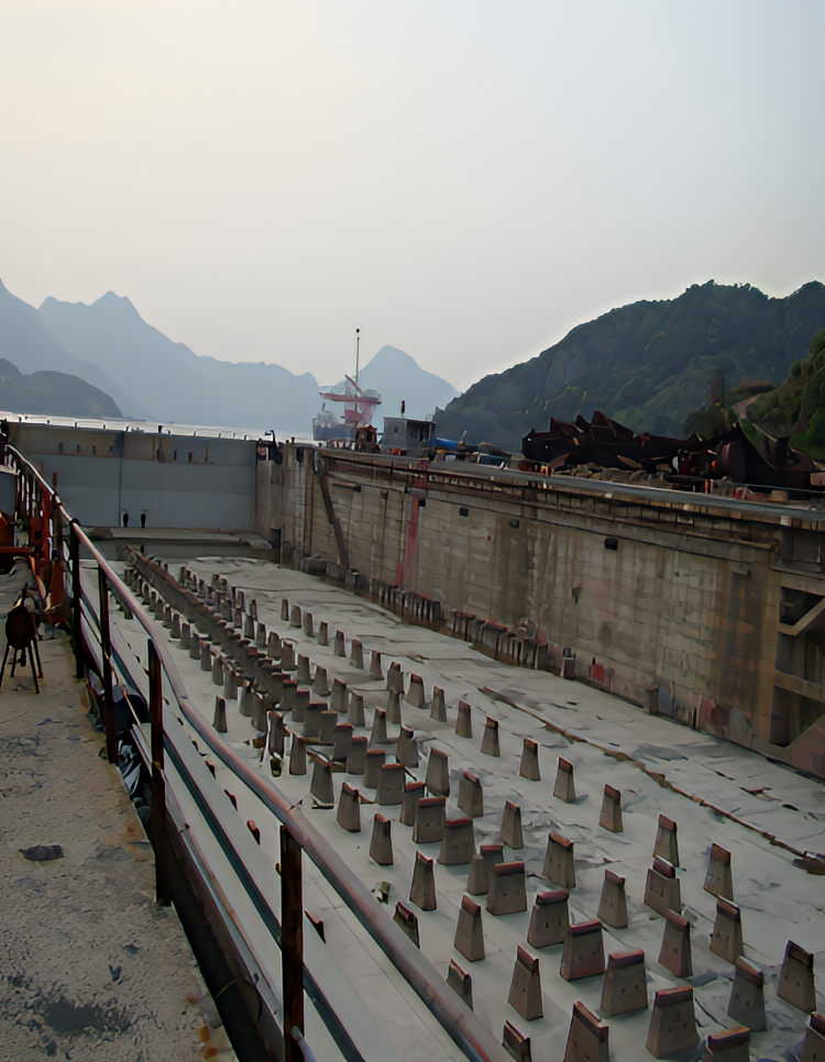 厂内拥有10万吨船坞和8万船坞各一座，两座船坞各配有一座400吨龙门吊车以及等同面积的总组场地，还有码头两座